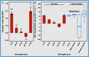 Carbon gain in upper but loss in deeper cropland soils across China over the last four decades